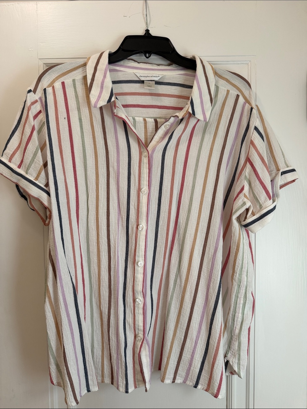 Christopher & Banks White Short-Sleeve Button-Up Shirt with Multicolor Stripes